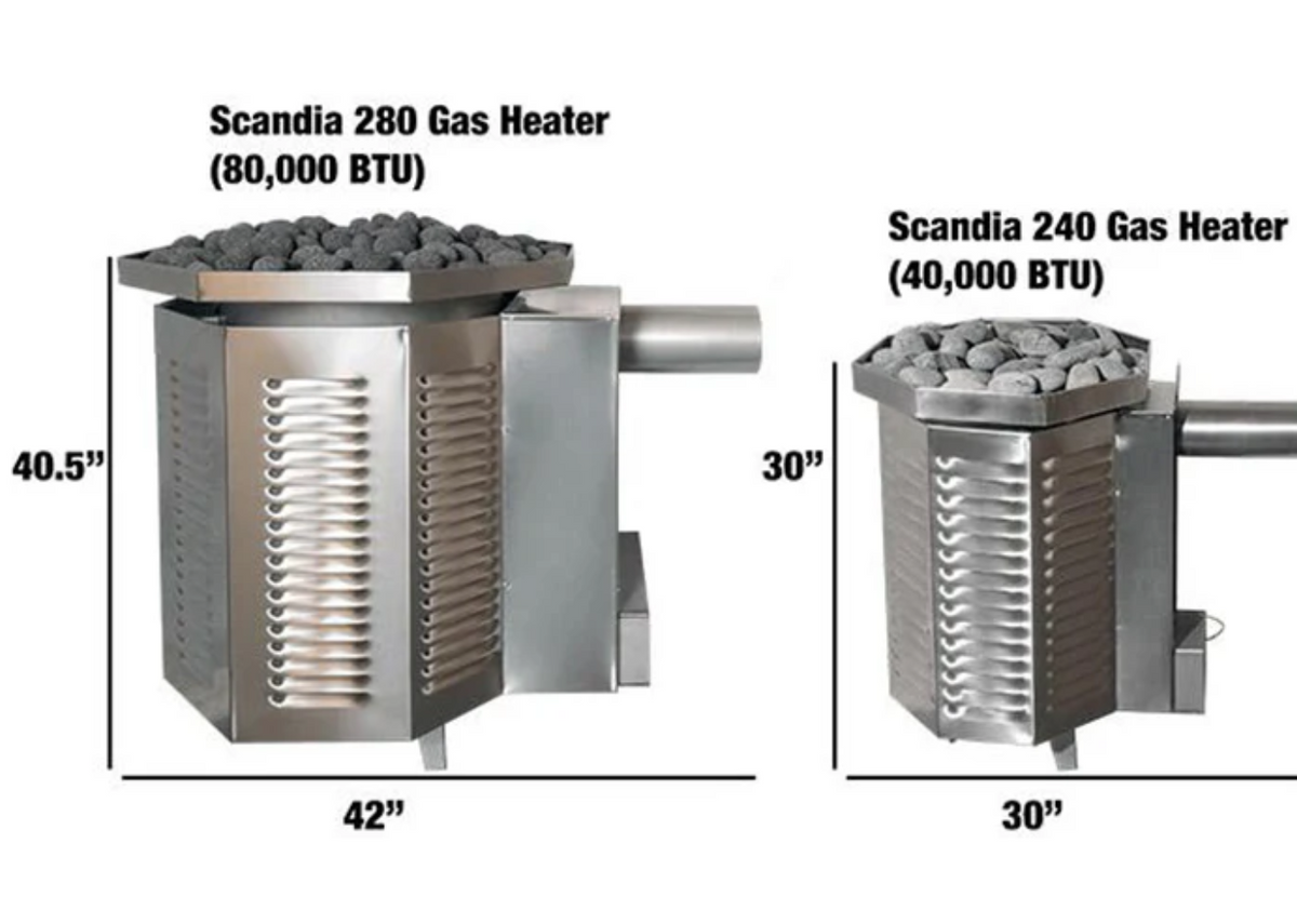 Dimensions of Scandia 80K BTU Gas Sauna Heater.