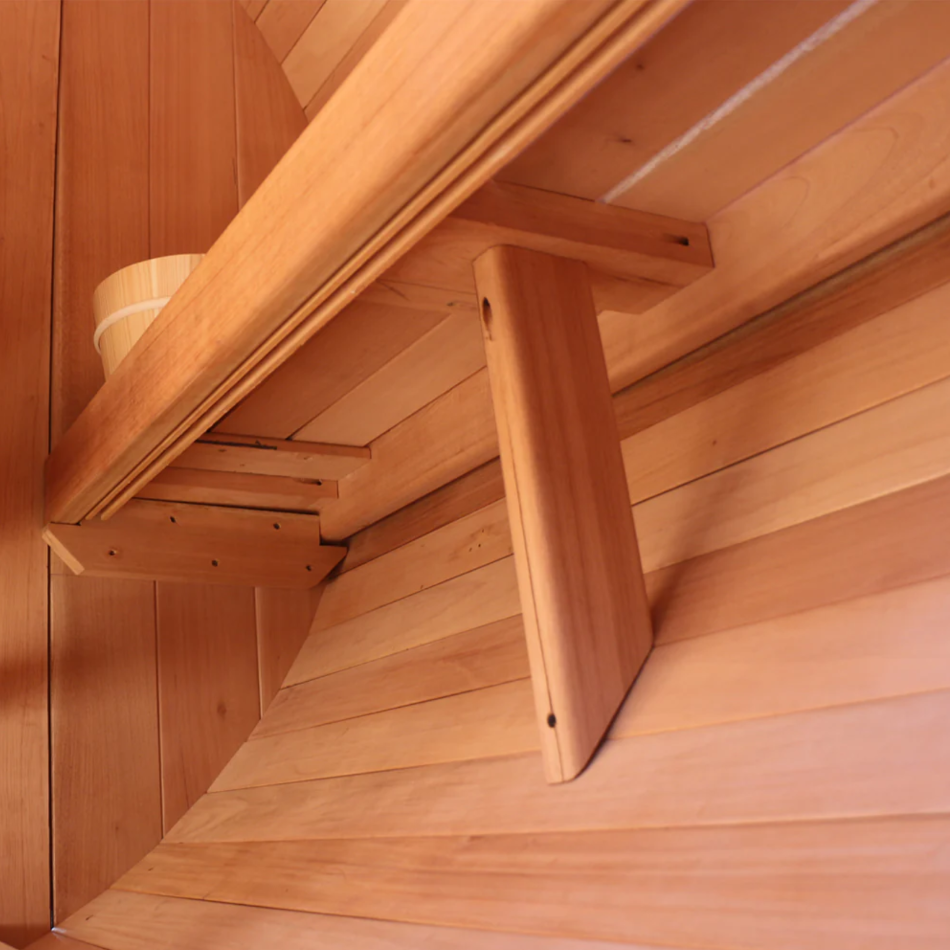 Close-up view of the bench of Scandia Barrel Sauna with Canopy.