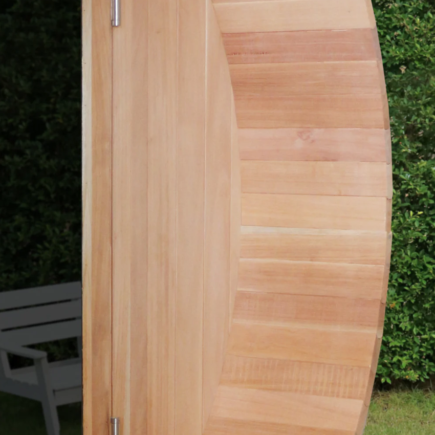 Close-up view of the canopy of Scandia Barrel Sauna with Canopy.