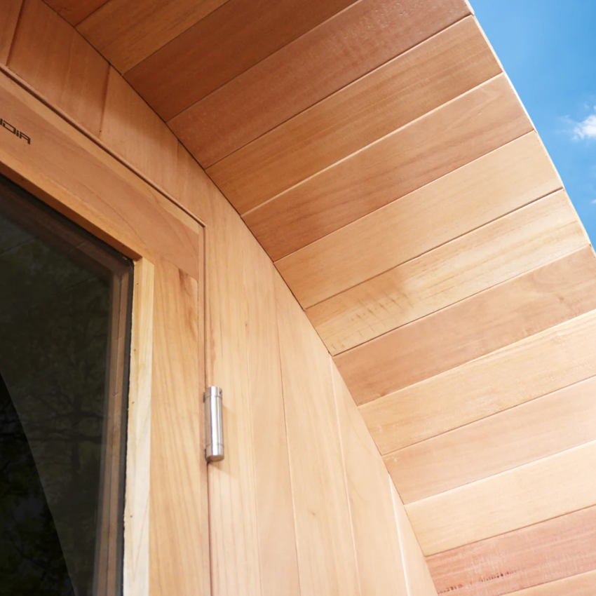 Close-up view of the door of Scandia Barrel Sauna with Canopy.