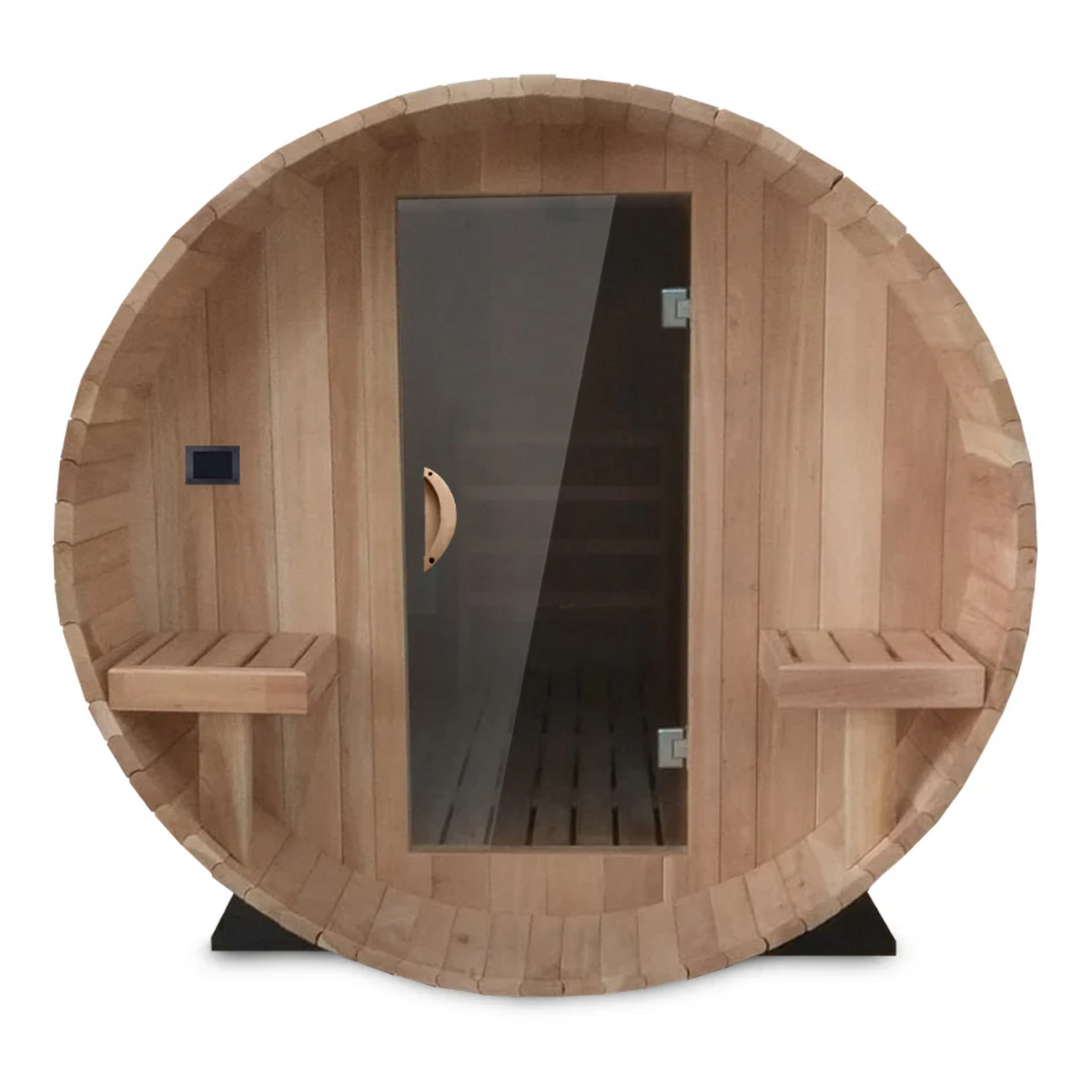 Front view of Scandia Barrel Sauna with Canopy.