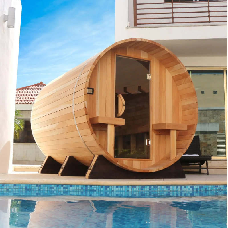 Scandia Barrel Sauna with Canopy in an outdoor setting.