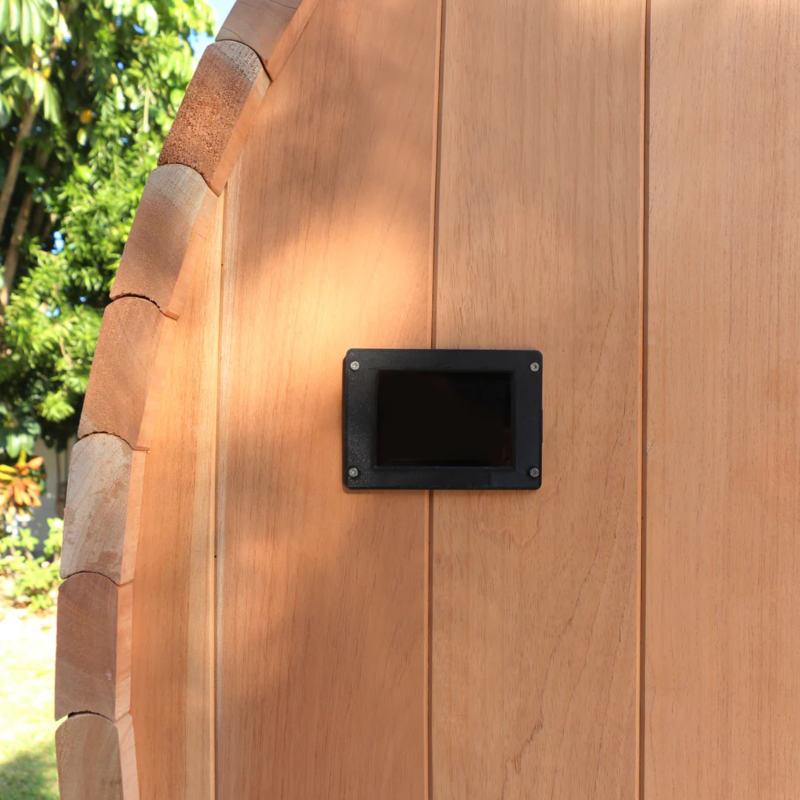 Back view of Scandia Electric Barrel Sauna.