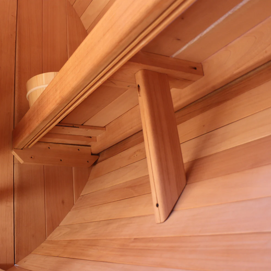 Close-up view of the bench of Scandia Electric Barrel Sauna.