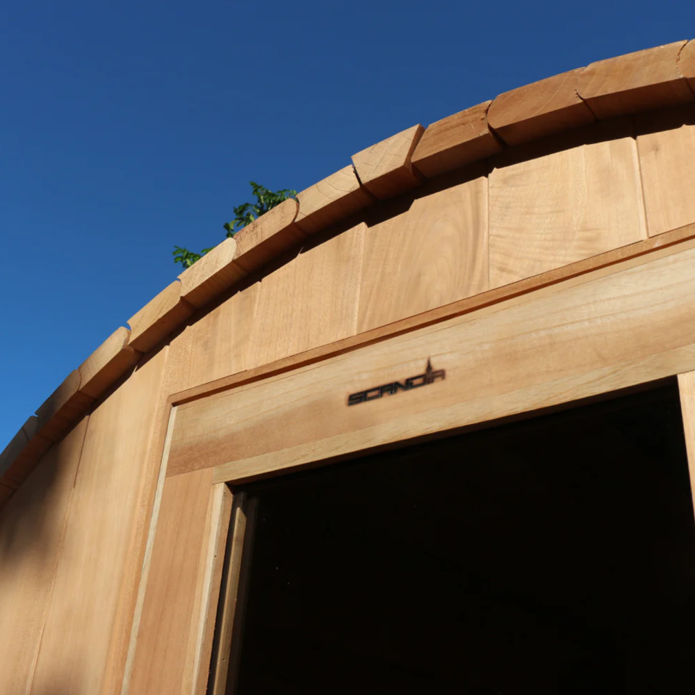 Close-up view of the door of Scandia Electric Barrel Sauna.