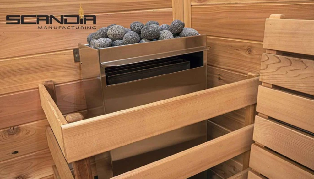 Scandia Electric Ultra Sauna Heater 6.0-9.0 kW installed in a sauna.