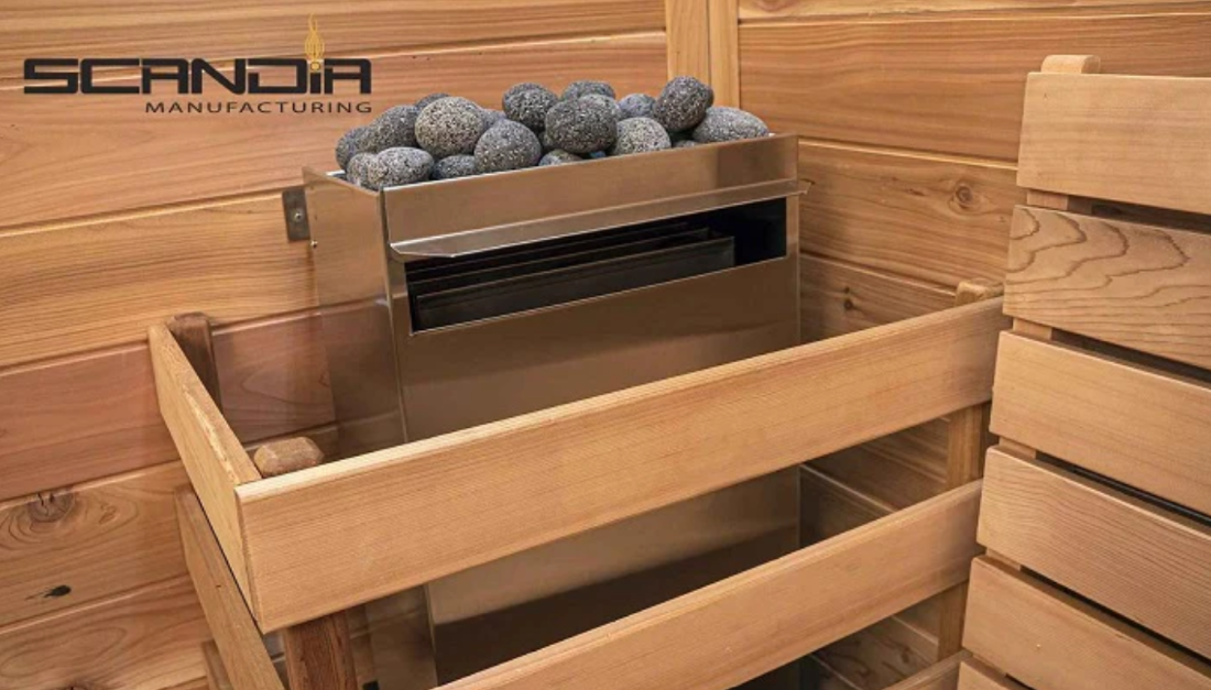 Scandia Electric Ultra Sauna Heater 12.0-18.0 kW installed in a sauna.