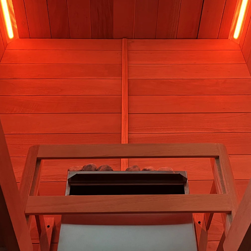 Scandia Electric Ultra Sauna Heater 3.0-4.5kW being used in a sauna. 