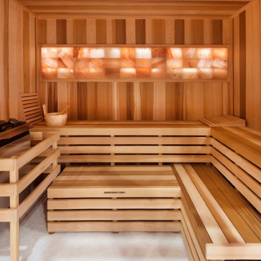 A panel of Scandia Himalayan Salt Wall Brick on the wall of a sauna.