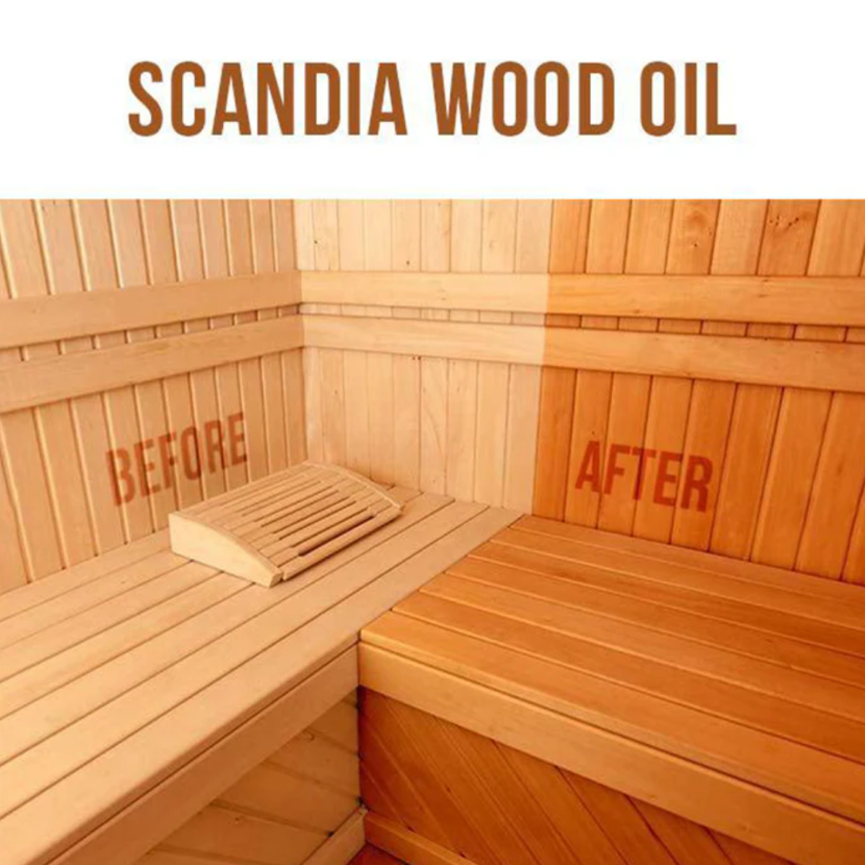 The wood of a sauna before and after the use of  Scandia Sauna Wood Oil. 100% Natural Ingredients, blended with refined Cedarwood Aroma.