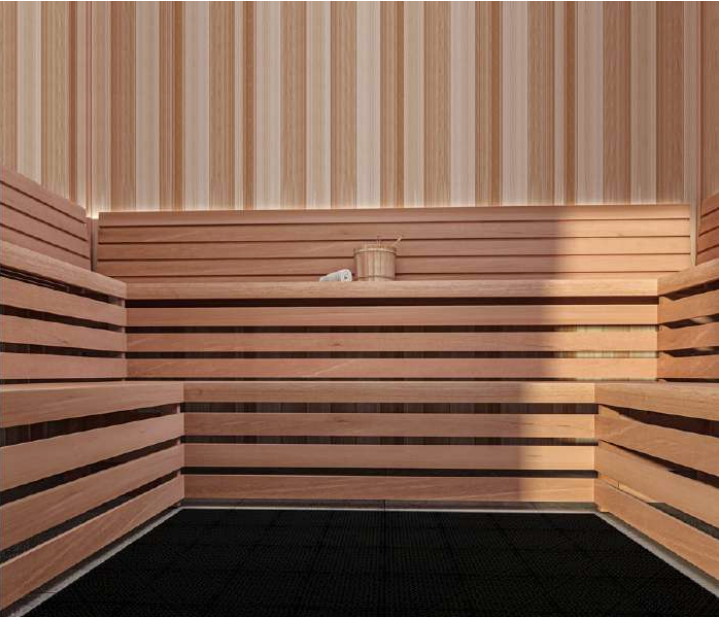 View of the benches of Scandia Traditional Modular Sauna.