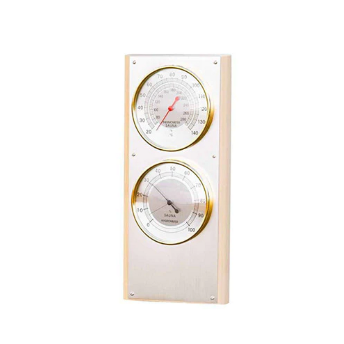 Front view of Scandia Wooden Thermometer / Hygrometer 2 Dials.