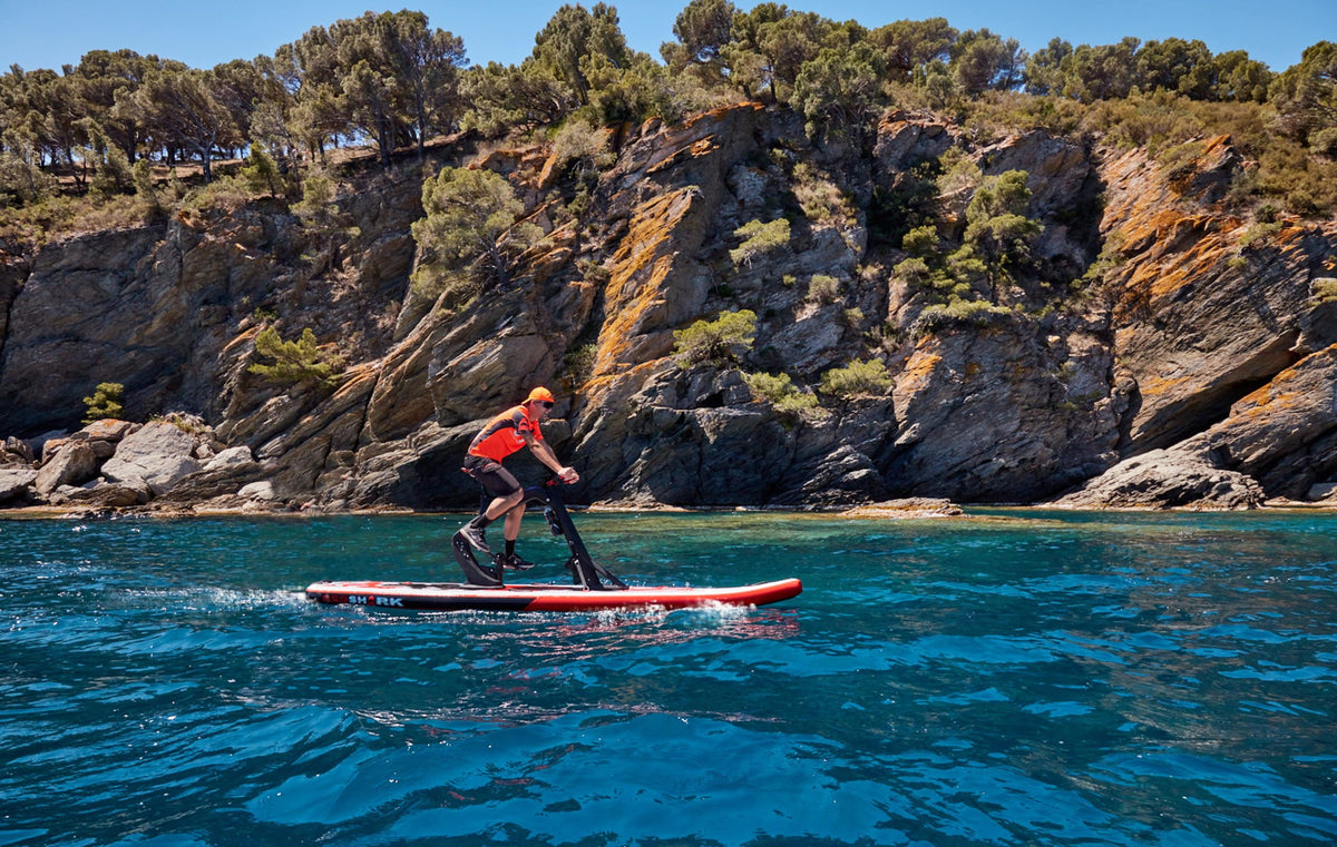 Scenic ocean exploration with a rider on the Red Shark Fitness Bike Surf.