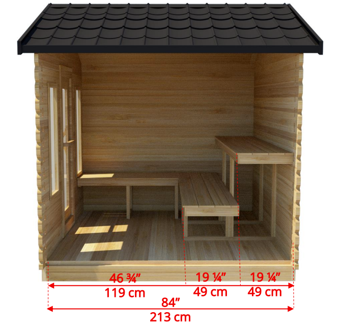 Interior view detailed dimensions of  Leisurecraft Georgian Cabin Outdoor Sauna.