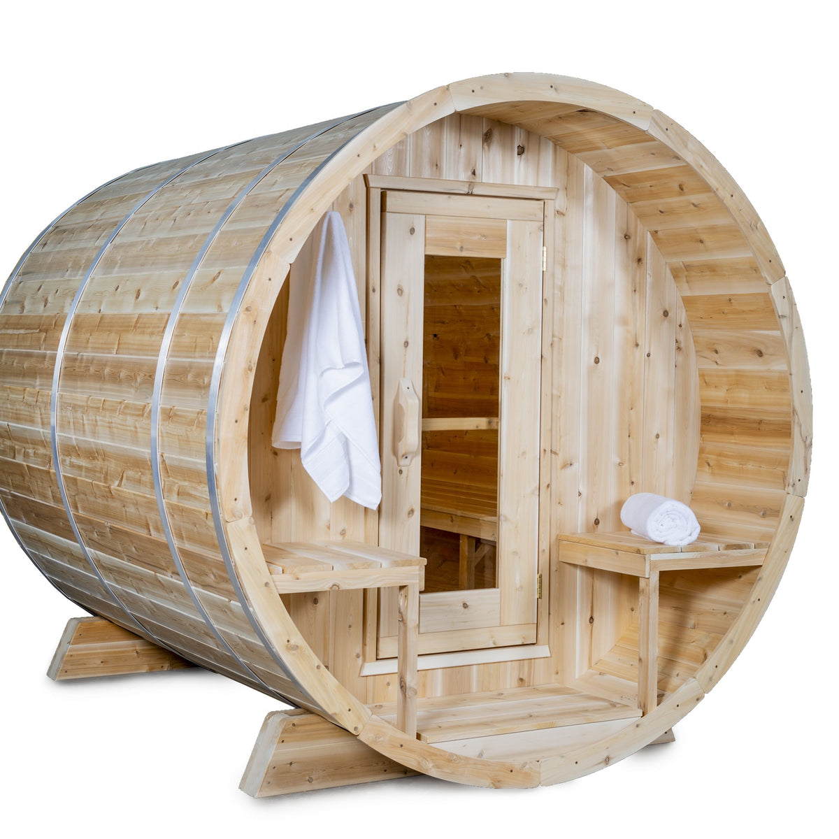 Diagonal left view of Leisurecraft Canadian Timber Outdoor Barrel Sauna on a white background.