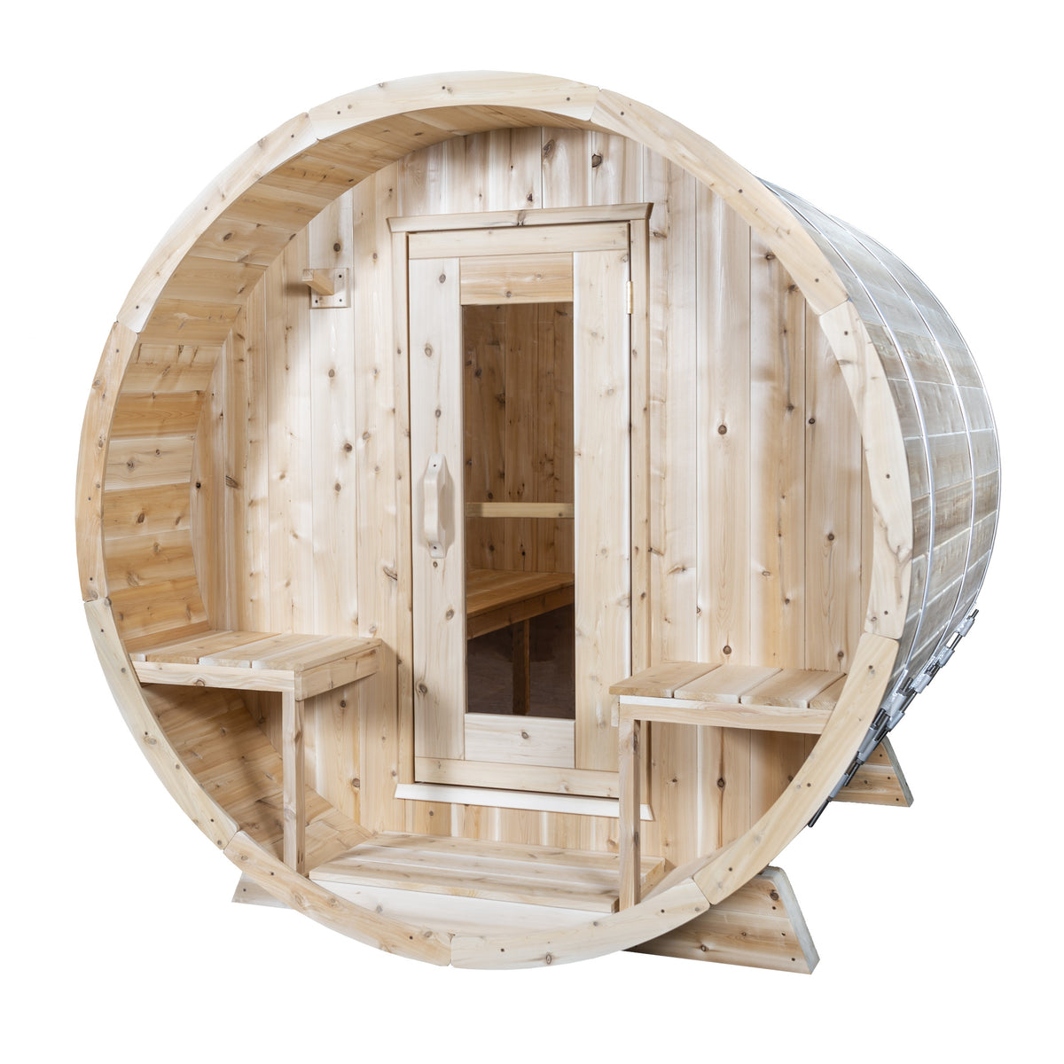 Diagonal right view of Leisurecraft Canadian Timber Outdoor Barrel Sauna on a white background.