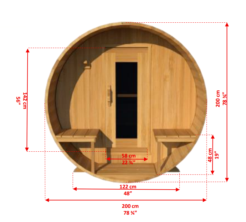 Front view detailed dimensions of Leisurecraft Canadian Timber Outdoor Barrel Sauna.