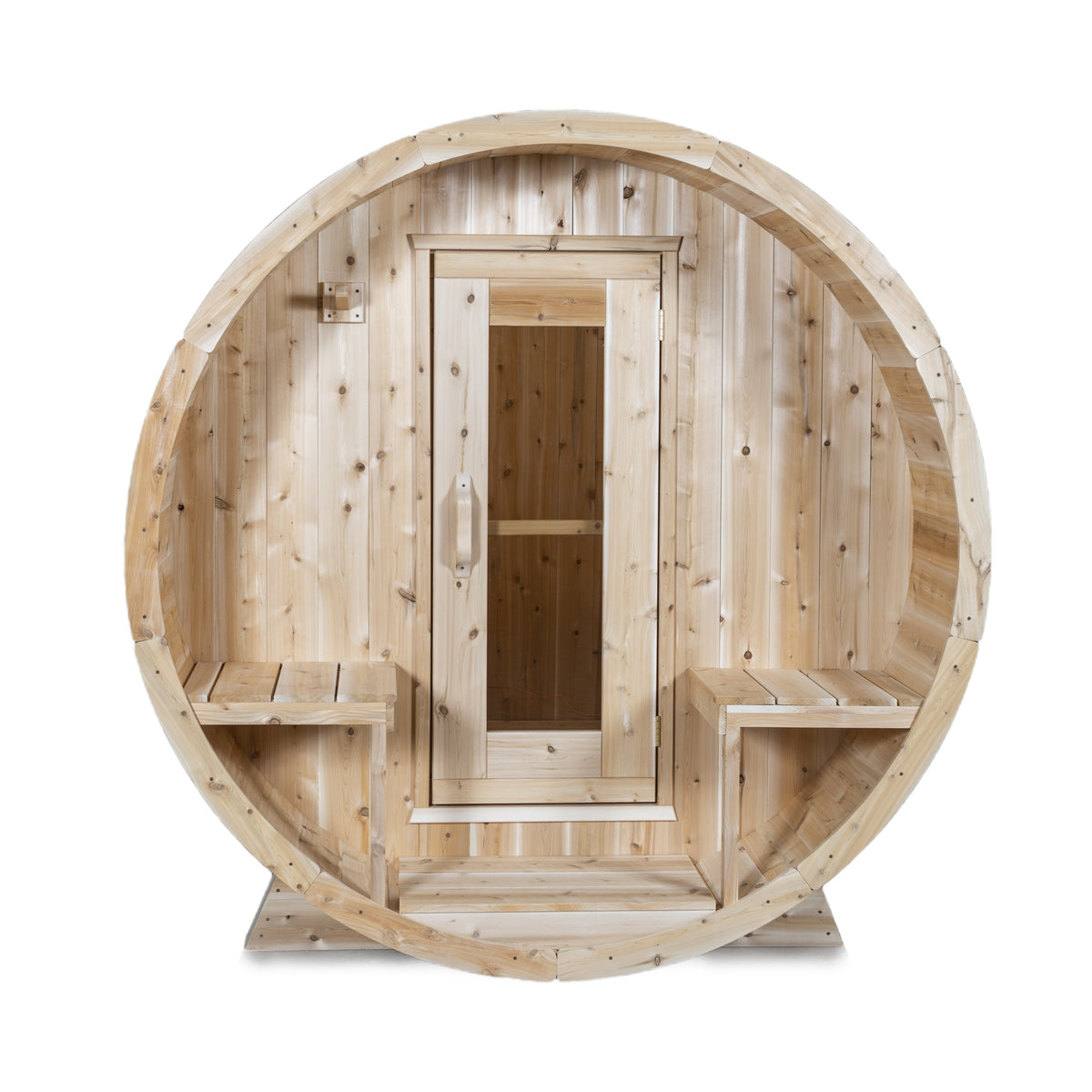 Front view of Leisurecraft Canadian Timber Outdoor Barrel Sauna on a white background.