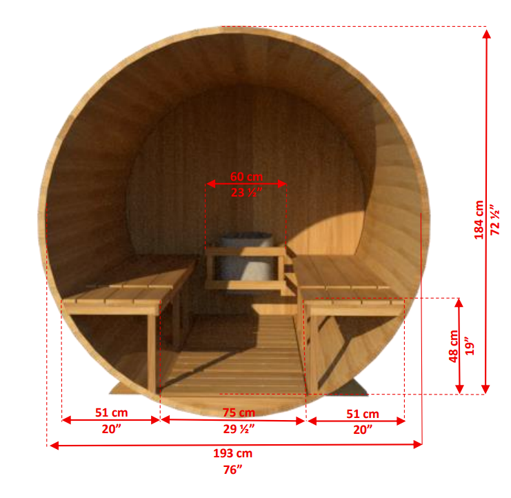 Interior view detailed dimensions of Leisurecraft Canadian Timber Outdoor Barrel Sauna.