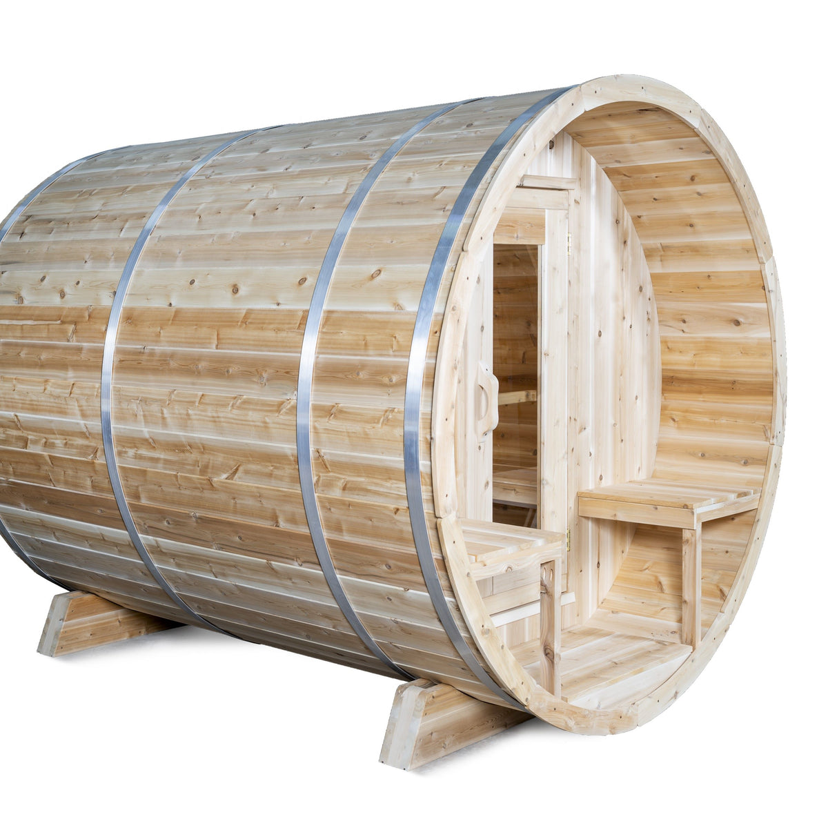 Left side view of Leisurecraft Canadian Timber Outdoor Barrel Sauna on a white background, showing its spacious design.