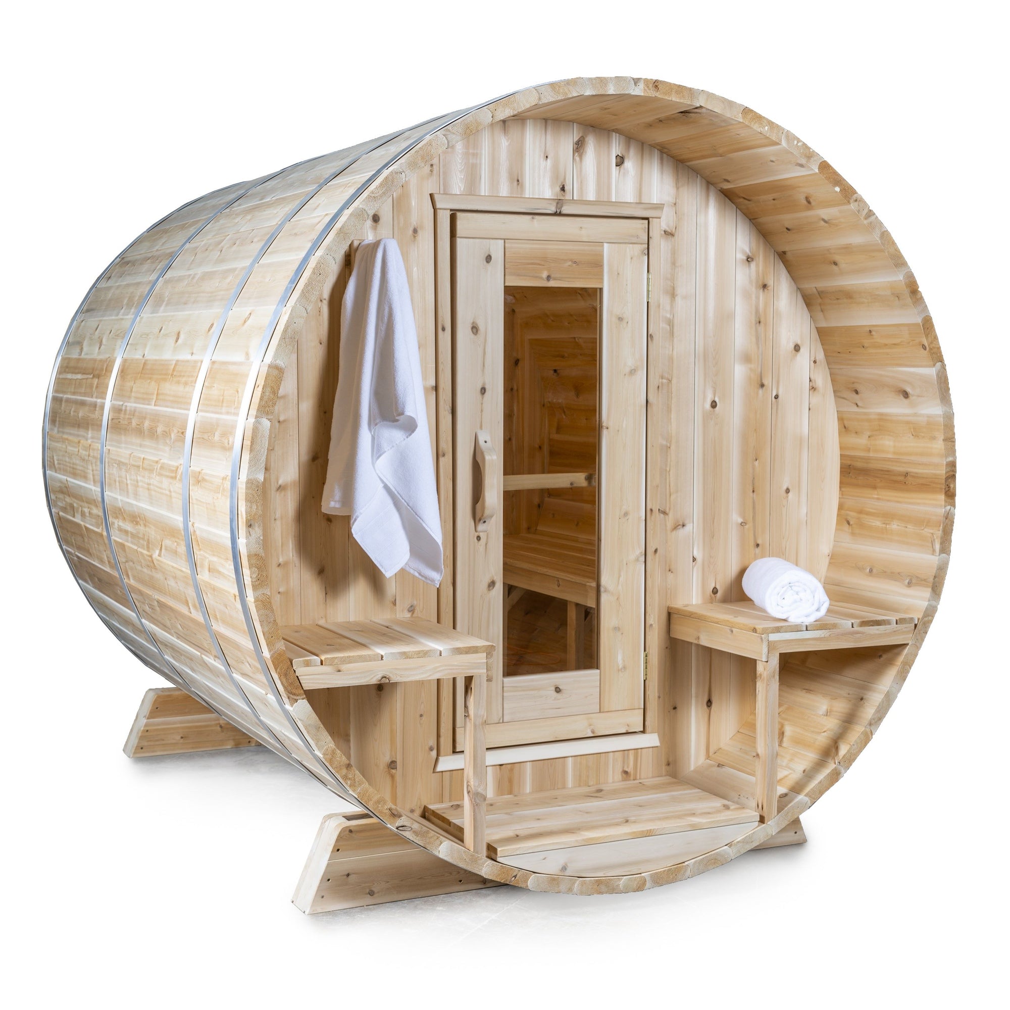 Main view of Leisurecraft Canadian Timber Outdoor Barrel Sauna on a white background.