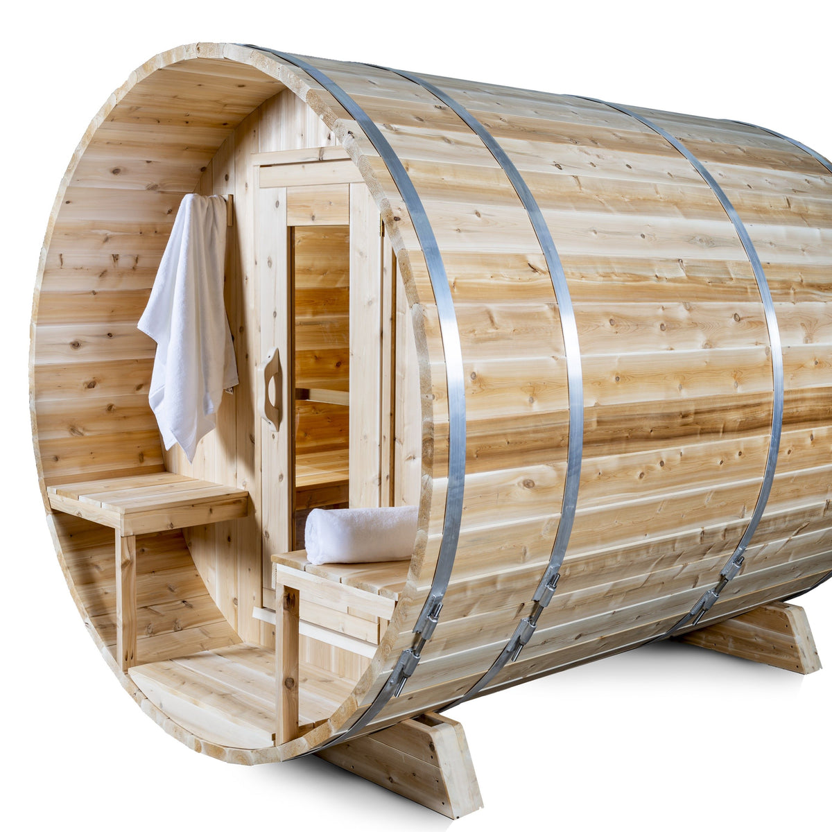 Right side view of Leisurecraft Canadian Timber Outdoor Barrel Sauna on a white background.