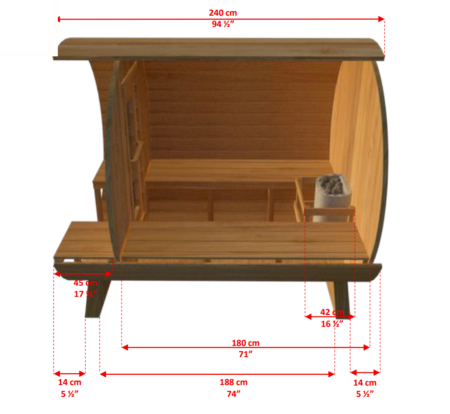 Side view detailed dimensions of Leisurecraft Canadian Timber Outdoor Barrel Sauna.