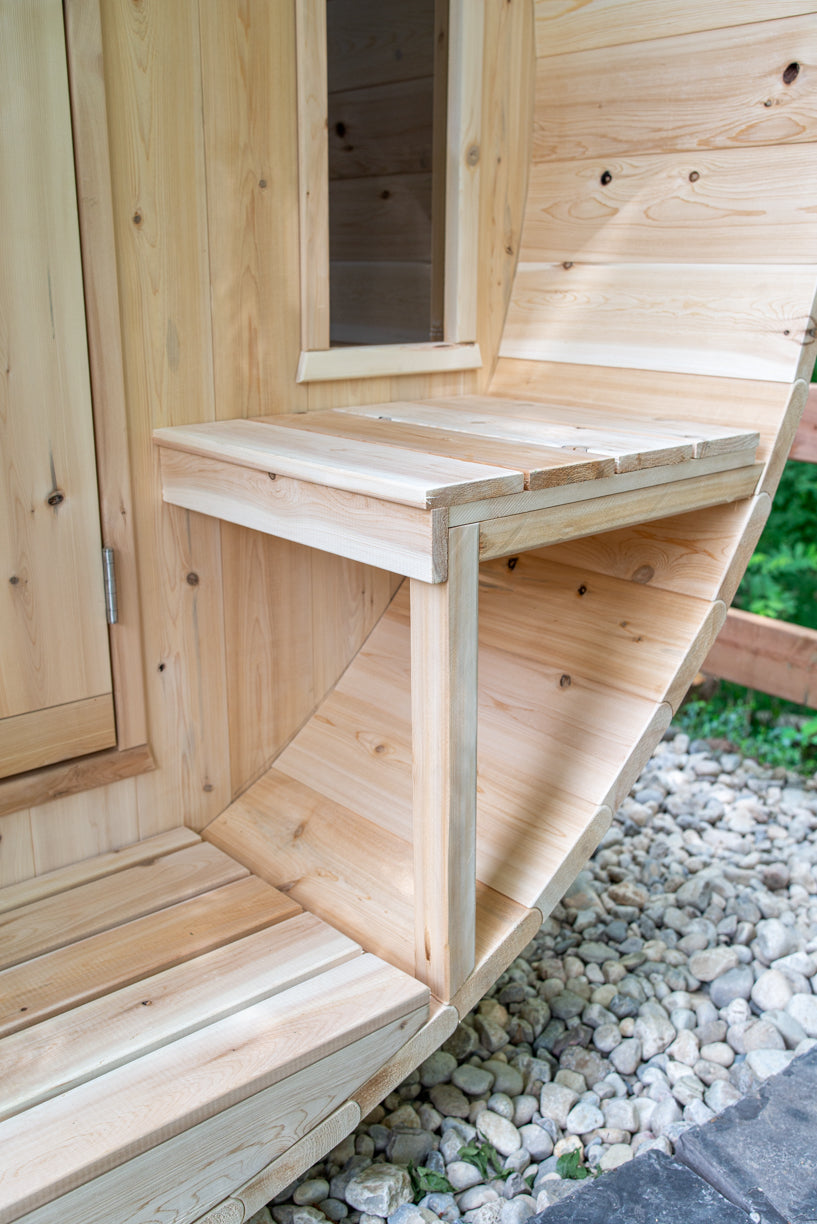 Close-up view of canopy porch bench of Leisurecraft Canadian Timber Tranquility Outdoor Barrel Sauna.