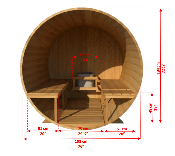 Interior view detailed dimensions of Leisurecraft Canadian Timber Tranquility Outdoor Barrel Sauna.