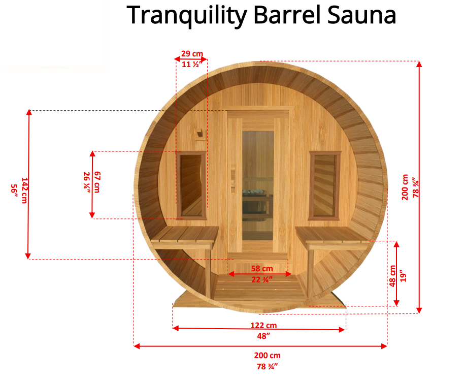 Front view detailed dimensions of Leisurecraft Canadian Timber Tranquility Outdoor Barrel Sauna.