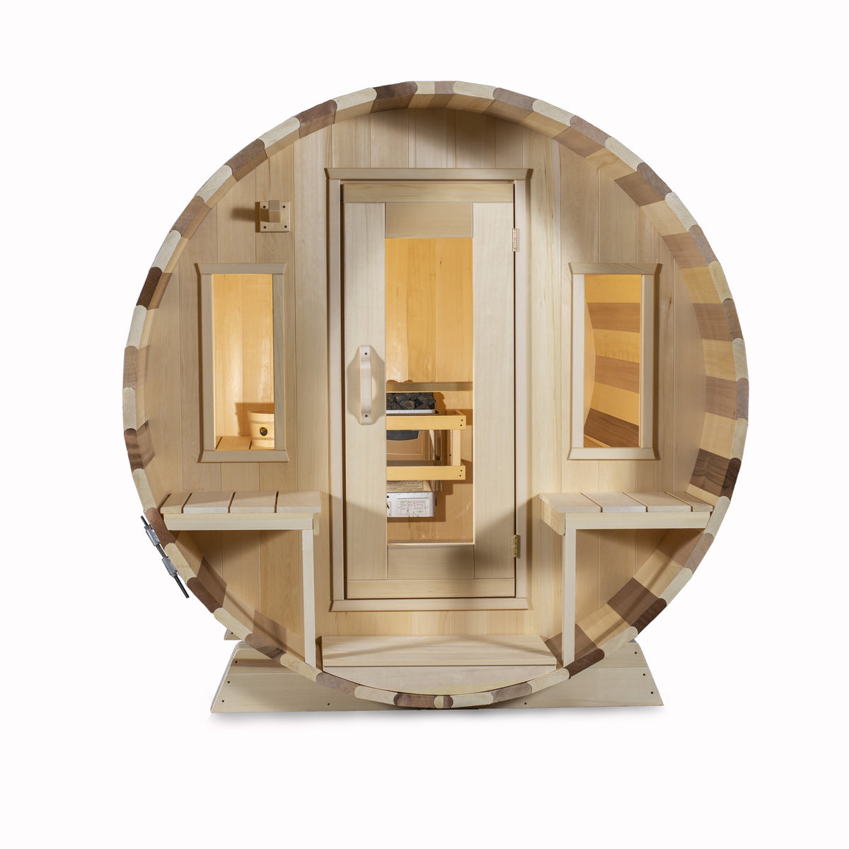 Front view of Leisurecraft Canadian Timber Tranquility Outdoor Barrel Sauna on white background.