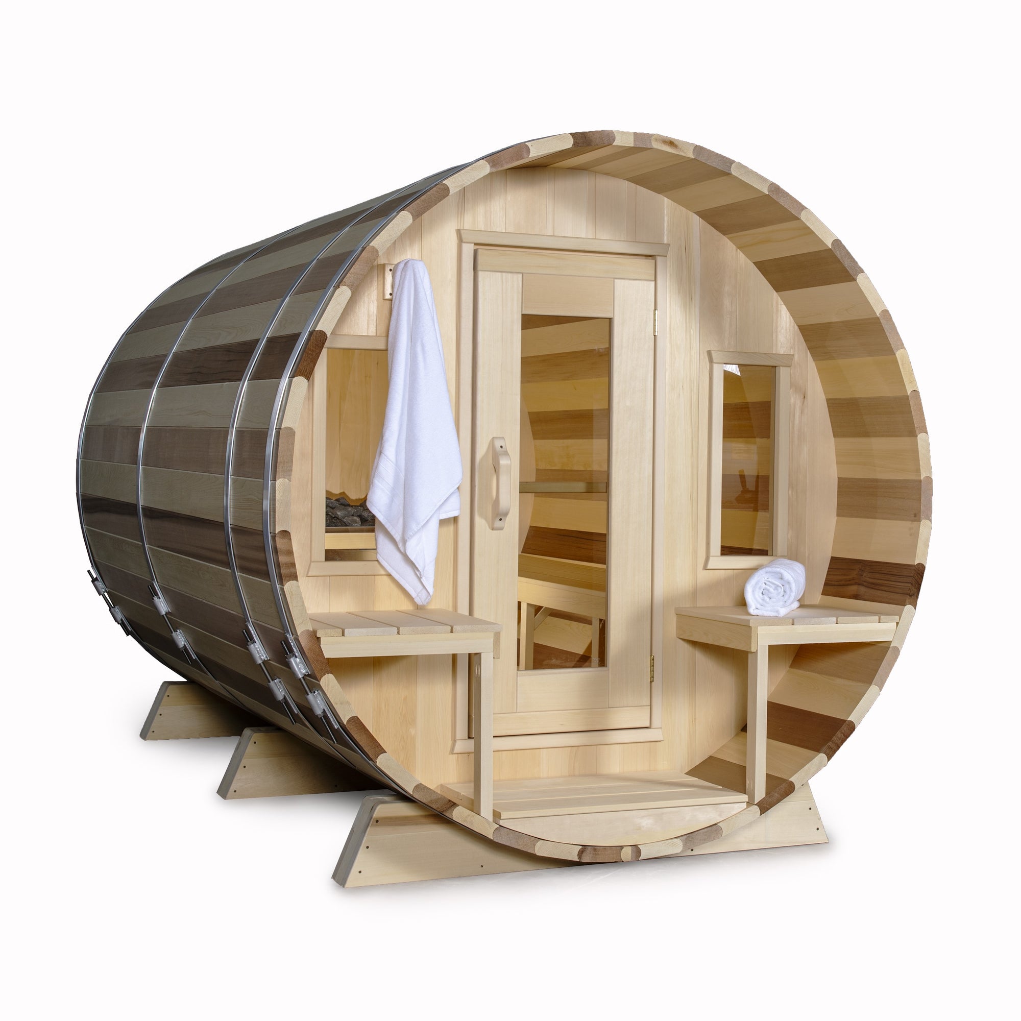 Main view of Leisurecraft Canadian Timber Tranquility Outdoor Barrel Sauna on white background.