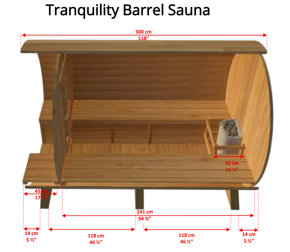 Side view detailed dimensions of Leisurecraft Canadian Timber Tranquility Outdoor Barrel Sauna.