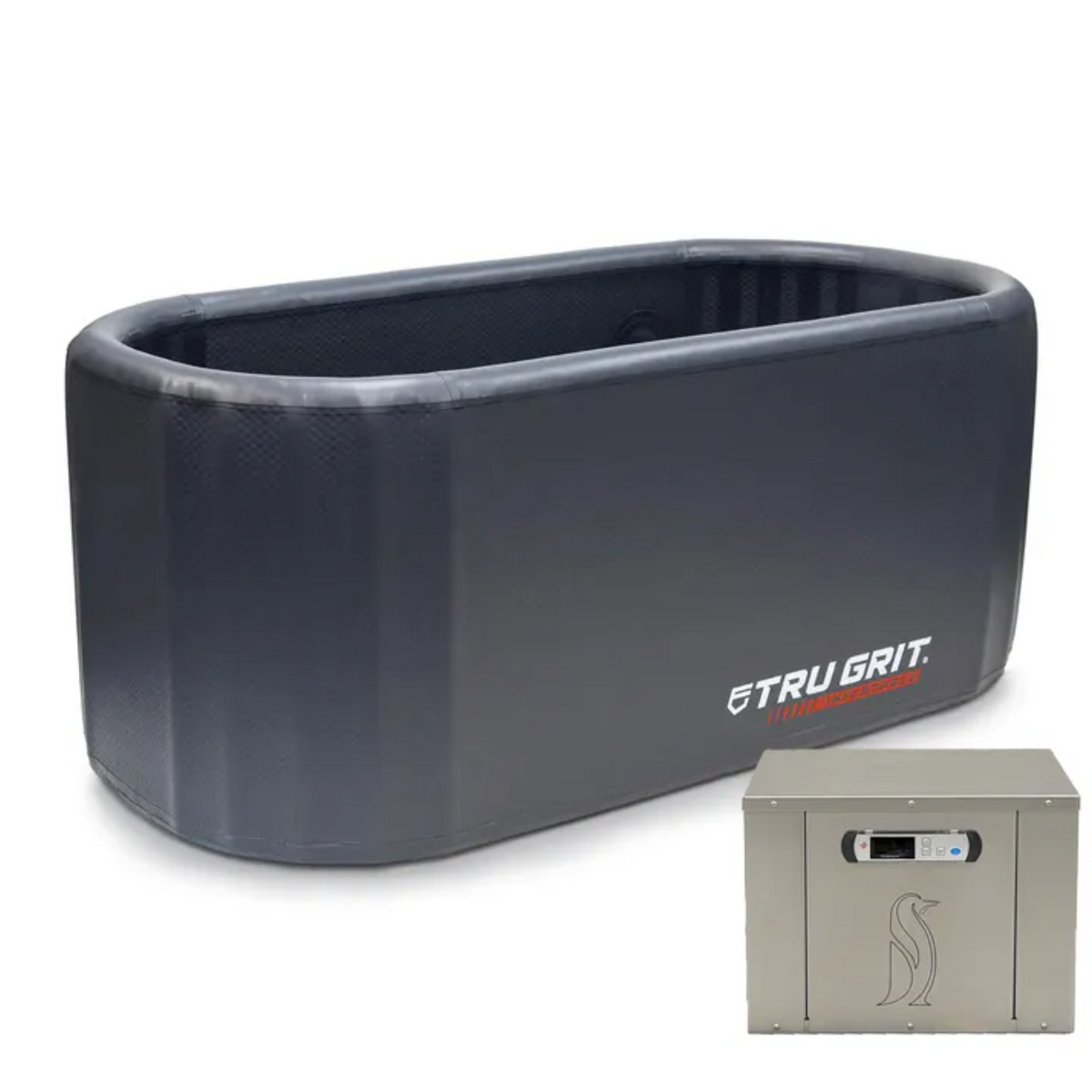 Tru Grit Inflatable Tub and Penguin Chillers Cold Therapy Chiller on white background.