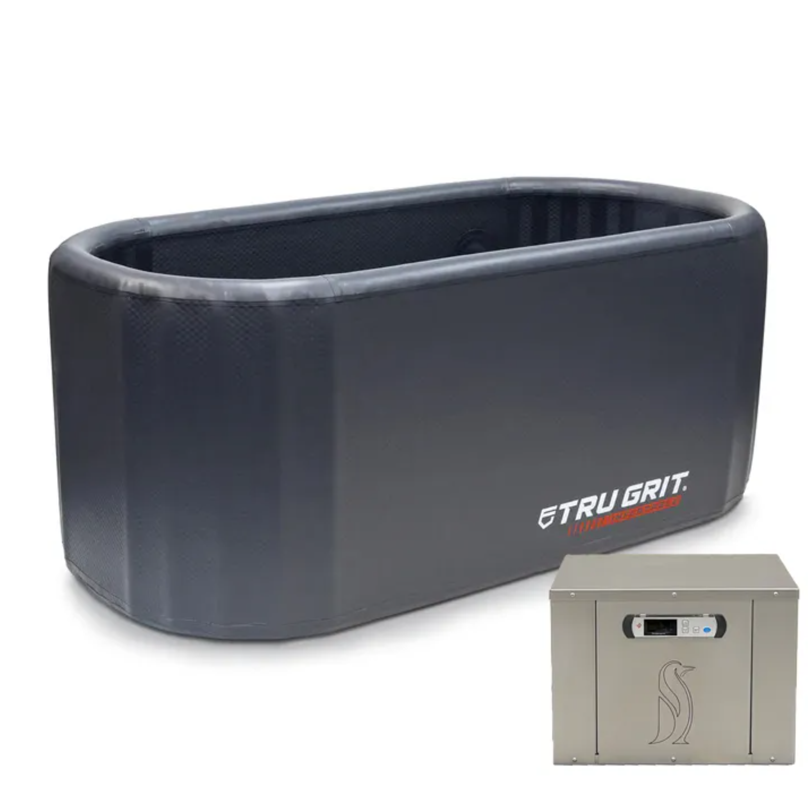 Tru Grit Inflatable Tub and Penguin Chillers Cold Therapy Chiller on white background.