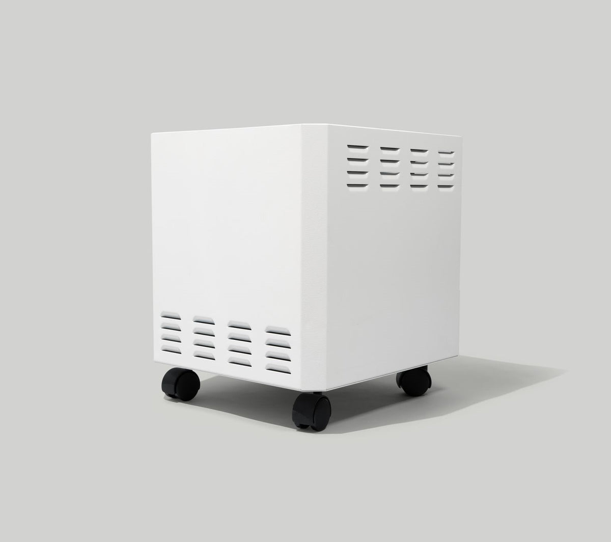 Side perspective of EnviroKlenz Air System, emphasizing the slim profile and portability with caster wheels.