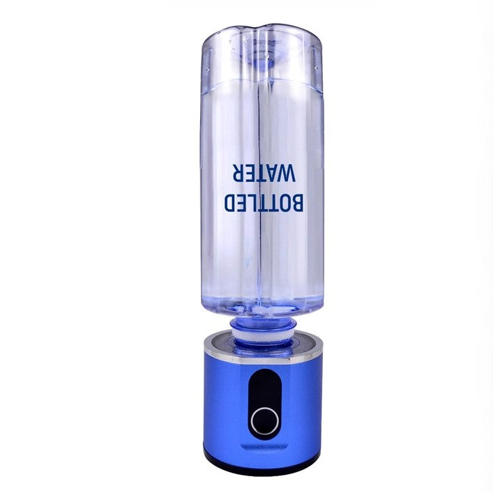 Prime Biohacking Hydrogen Water bottle base in blue, shown with a standard transparent water bottle attached, demonstrating versatility and ease of use.