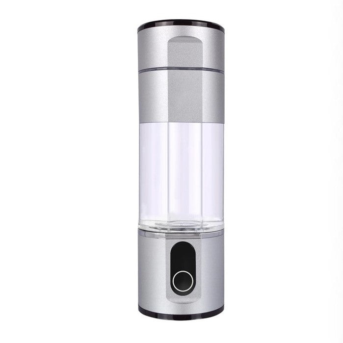 Contemporary silver Prime Biohacking Hydrogen Water Bottle with a clear chamber, ideal for hydration and health.