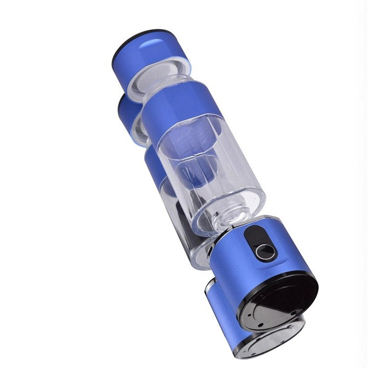 Prime Biohacking Hydrogen Water Bottle in blue, positioned horizontally to showcase the ergonomic design and functional elements. 