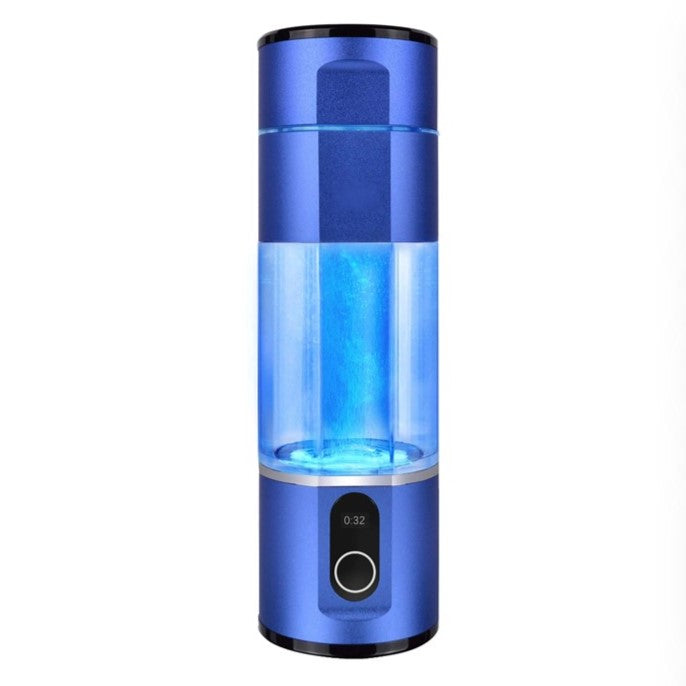 Prime Biohacking Hydrogen Water Bottle in blue with active hydrogen generation, visualized by a blue light. 