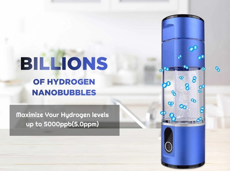 Promotional image of Prime Biohacking blue hydrogen water bottle with enhanced hydrogen nanobubble technology for increased hydration.