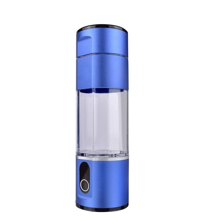 Stylish blue Prime Biohacking Hydrogen Water Bottle against a stark background, highlighting its sleek design. 