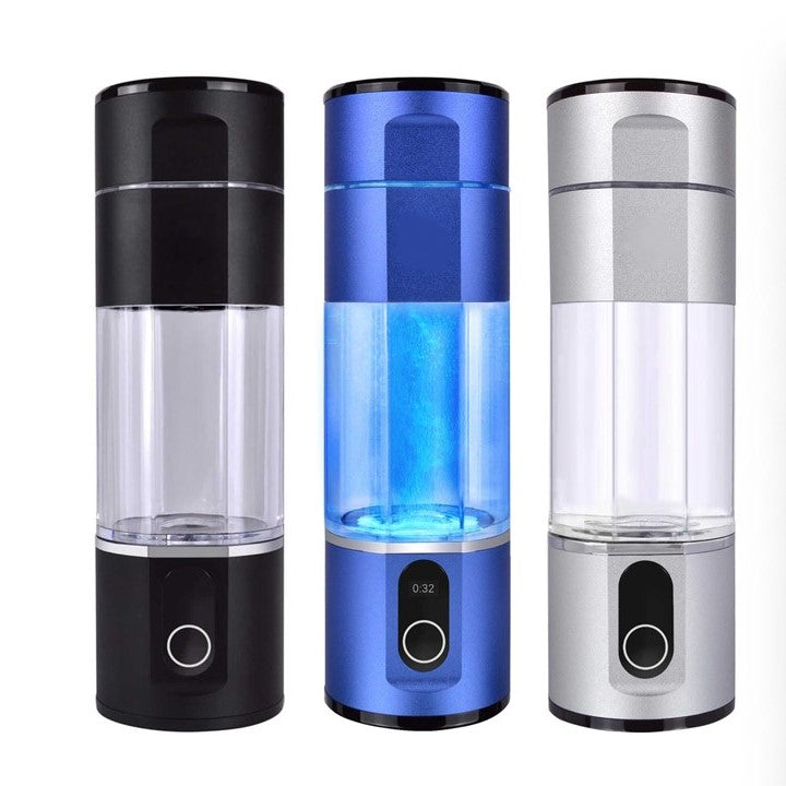 Illuminated Prime Biohacking Water Bottles showcasing the electrolysis process in action, in black, blue, and silver.